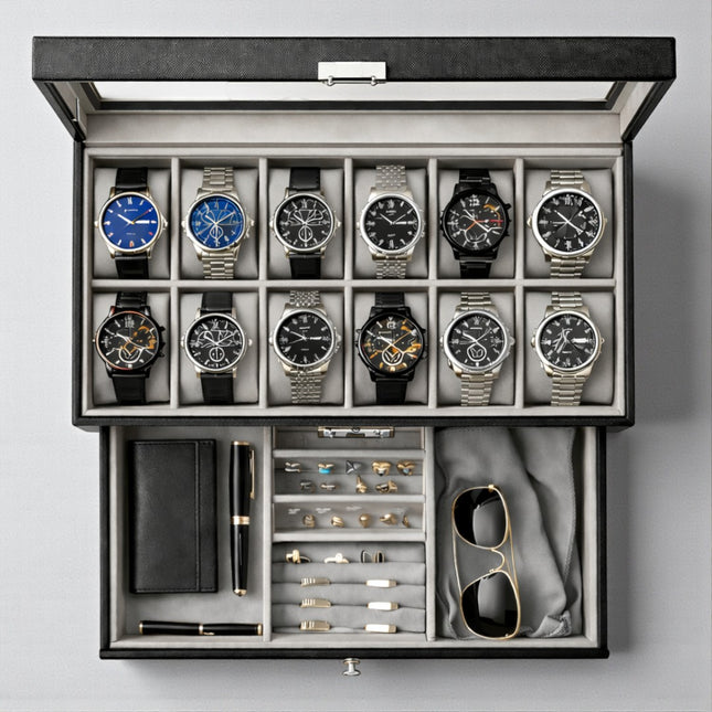 Boîte à montres (12 emplacements + tiroir) - Noire