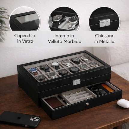 Cofanetto Porta Orologi (12 posti+Cassetto) - Nero