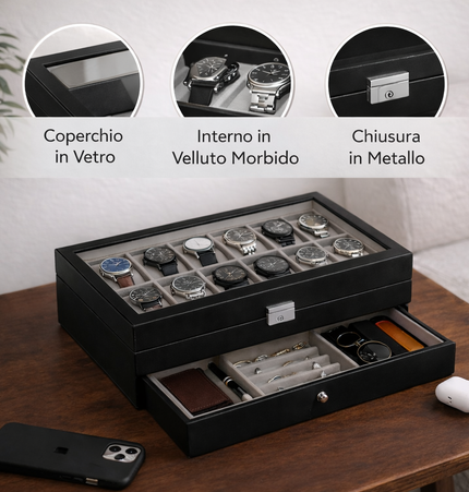Cofanetto Porta Orologi (12 posti+Cassetto) - Nero