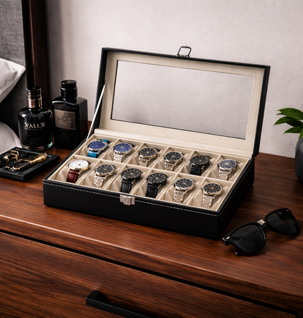 Cofanetto Porta Orologi (12 posti) – Nero/Beige