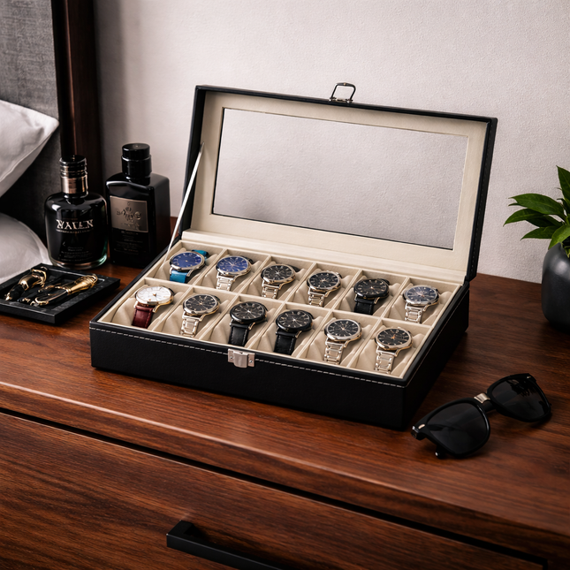 Boîte à montres (12 emplacements) – Noir/Beige