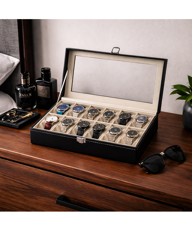Cofanetto Porta Orologi (12 posti) – Nero/Beige