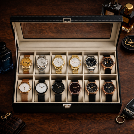 Cofanetto Porta Orologi (12 posti) – Nero/Beige